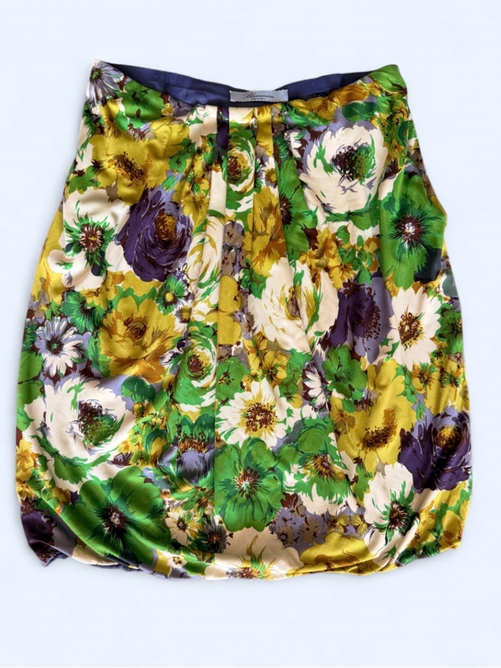 Blumarine Floral Satin Bubble Skirt in Green, Yellow & Purple